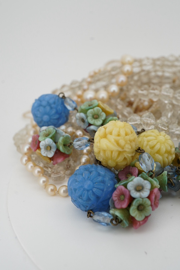A collection of jewels including a Victorian multi-strand seed pearl necklace with a blue enamel and rose-cut diamond clasp, case stamped Watherston; an Edwardian multi-strand seed pearl necklace, to a gold barrel clasp,